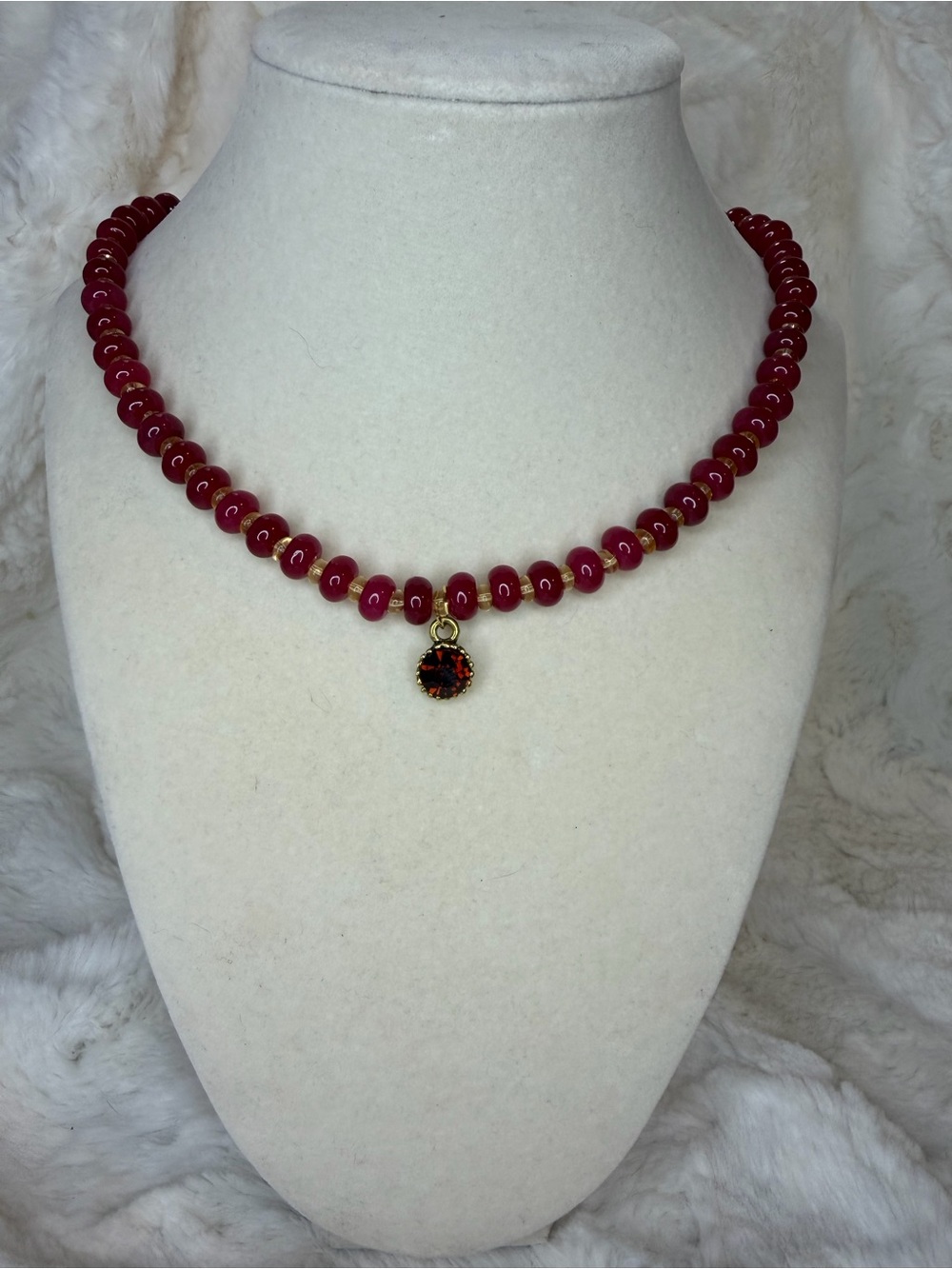 Handmade Ruby Red Rondelle Glass Beaded Necklace with Gold Accent Charm